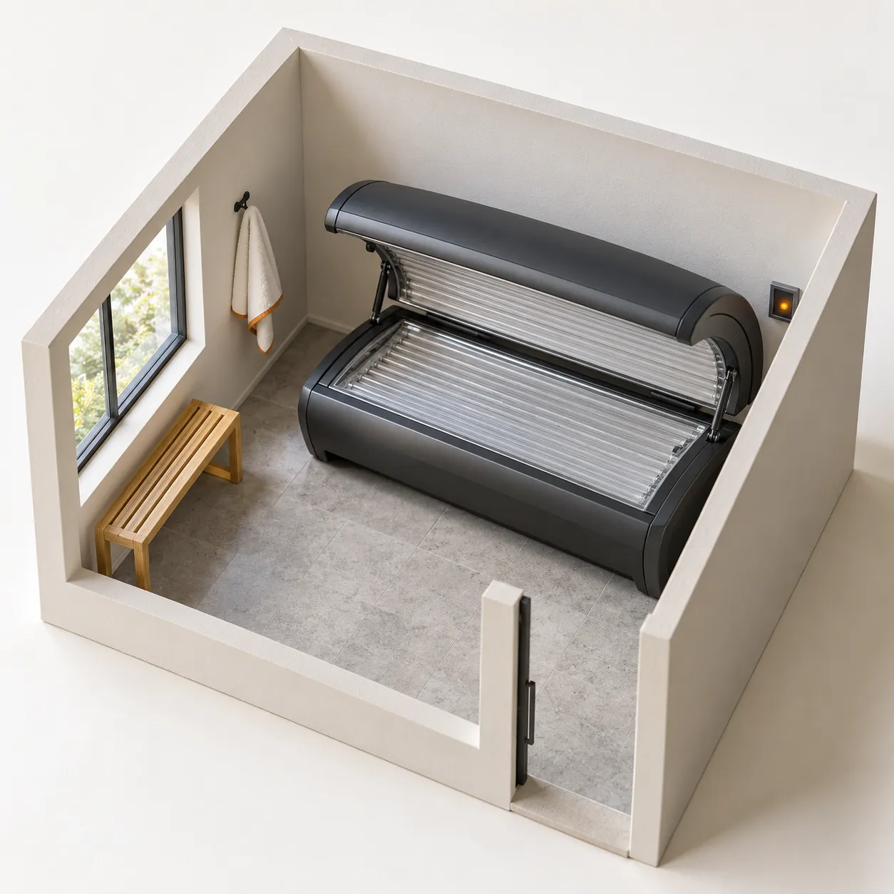 Schaalmodel van studio 1 met de ligbank, canopy open en uit