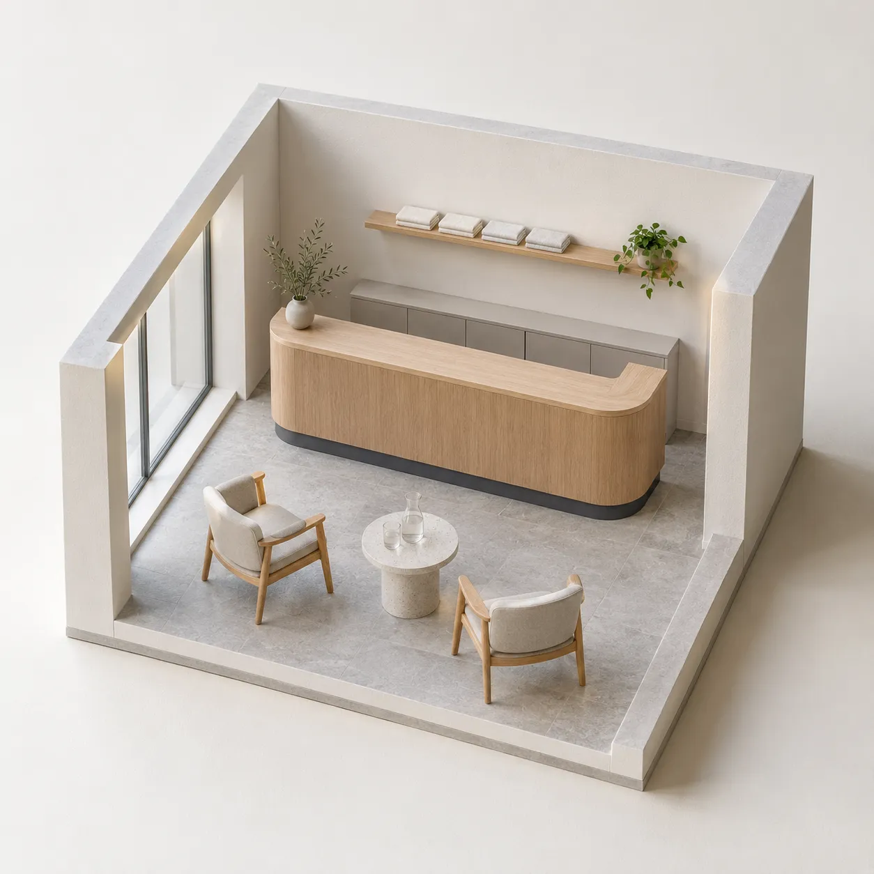 Schaalmodel van de ontvangst met balie en twee stoelen