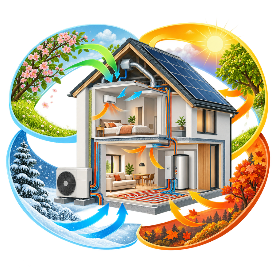 Vier seizoenen, één systeem — vakillustratie voor Klimaat Atelier