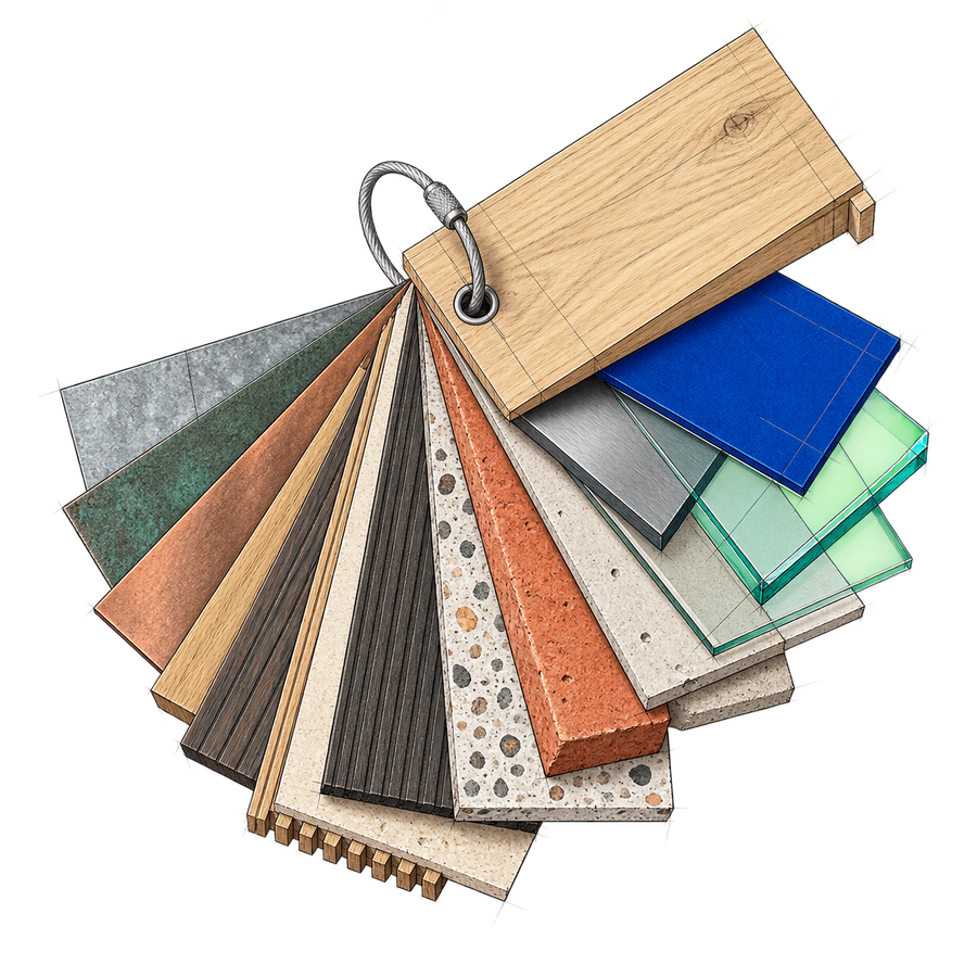 De materiaalbibliotheek — vakillustratie voor Studio Schaal