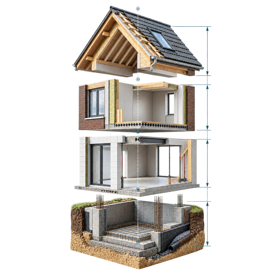 Van fundering naar kap — vakillustratie voor Fundament