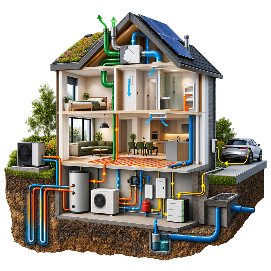 Het gebouw als één systeem — vakillustratie voor Klimaatkern