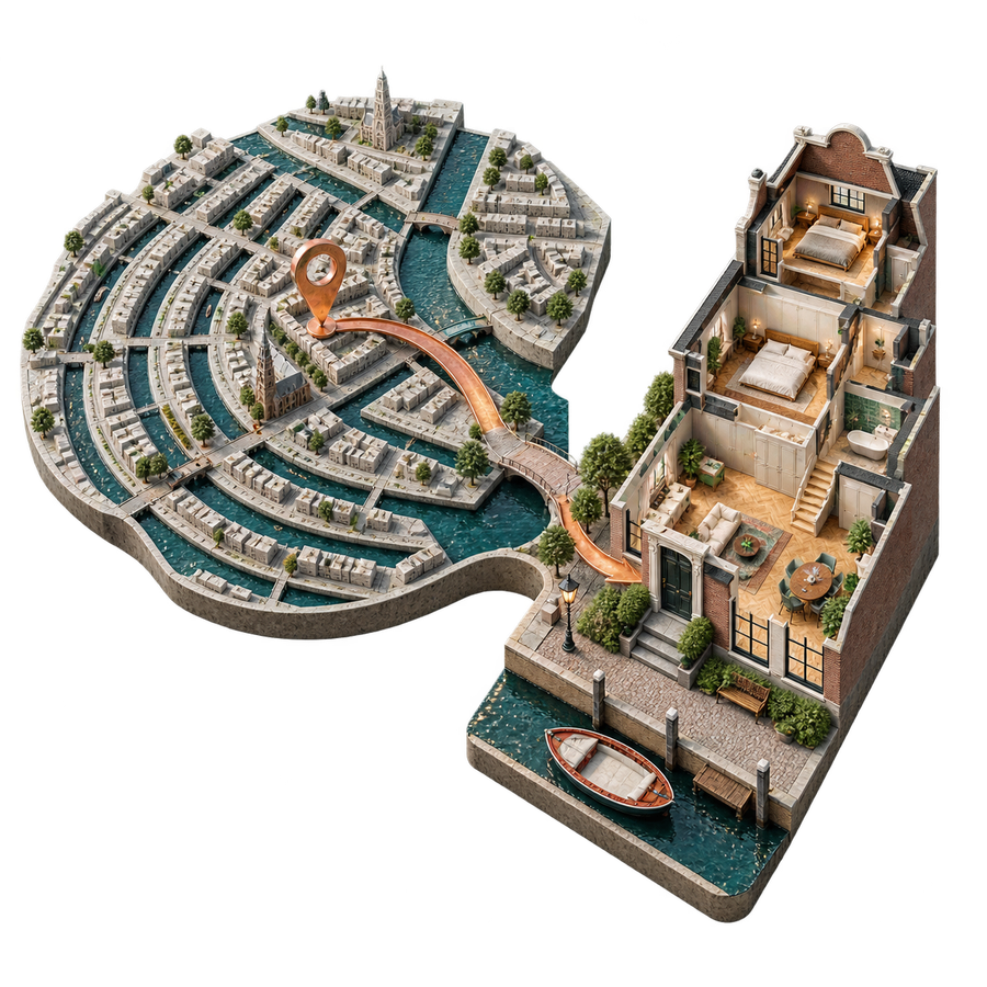 Van buurt naar voordeur — vakillustratie voor Haven & Huis