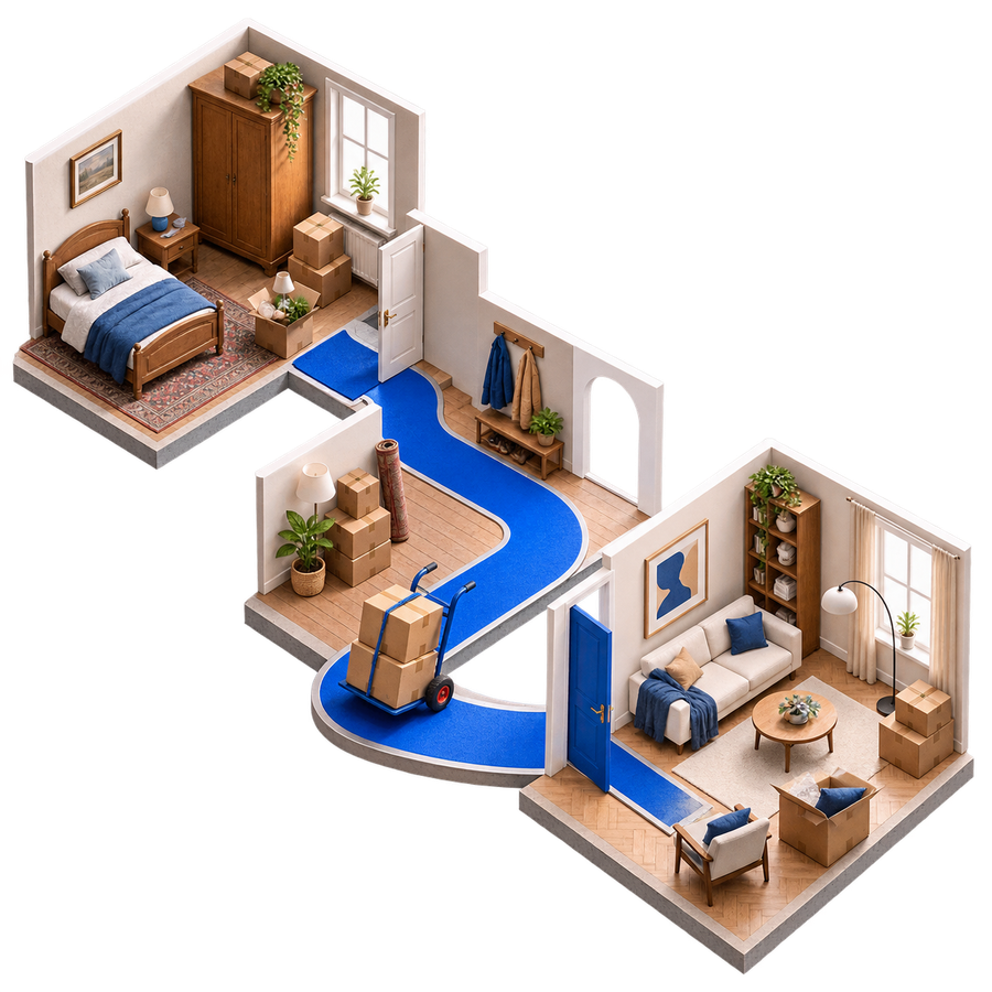 Van oude kamer naar nieuwe plek — vakillustratie voor Boedel & Bagage