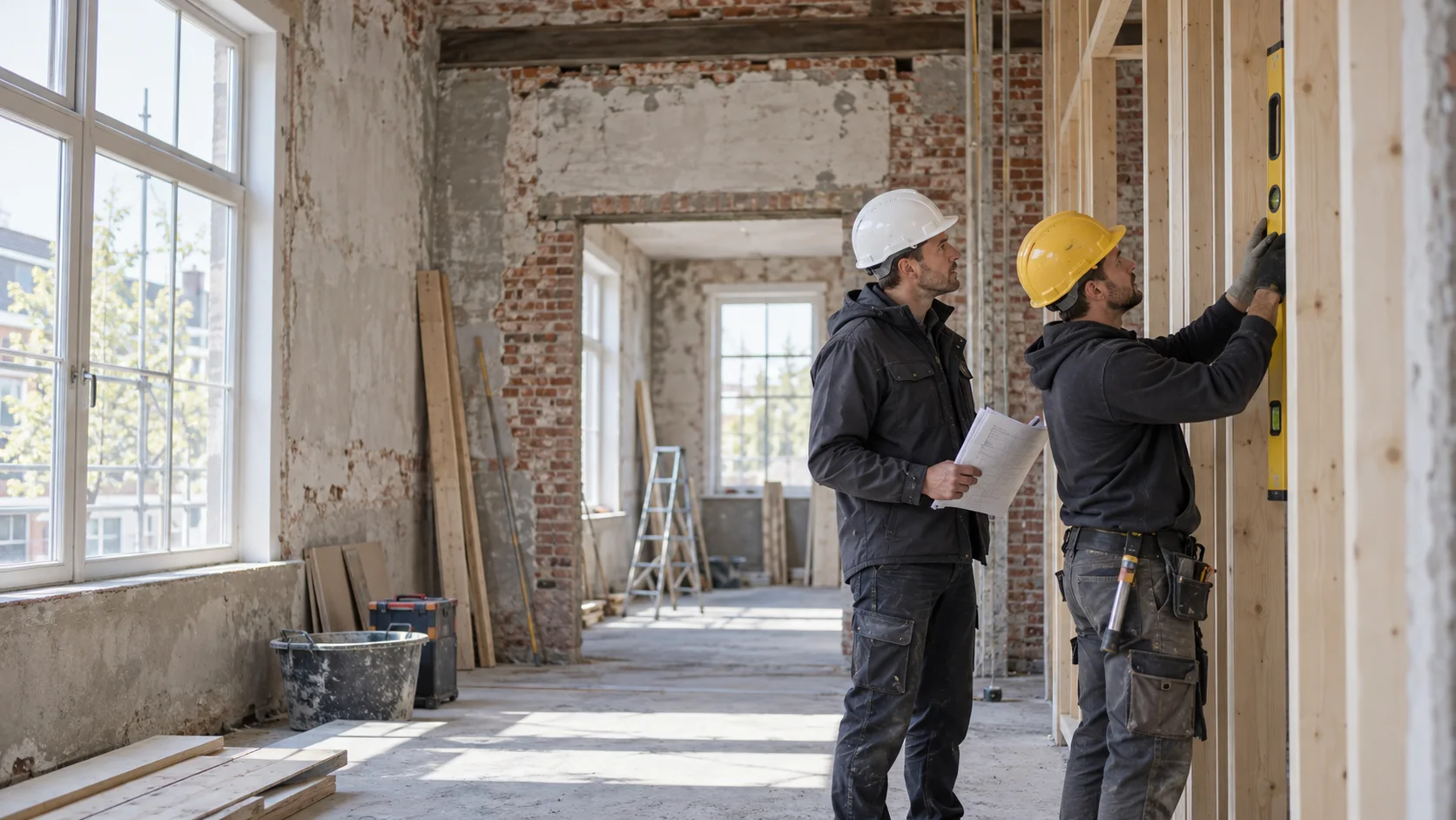 Aannemer werkt aan een robuuste houtconstructie
