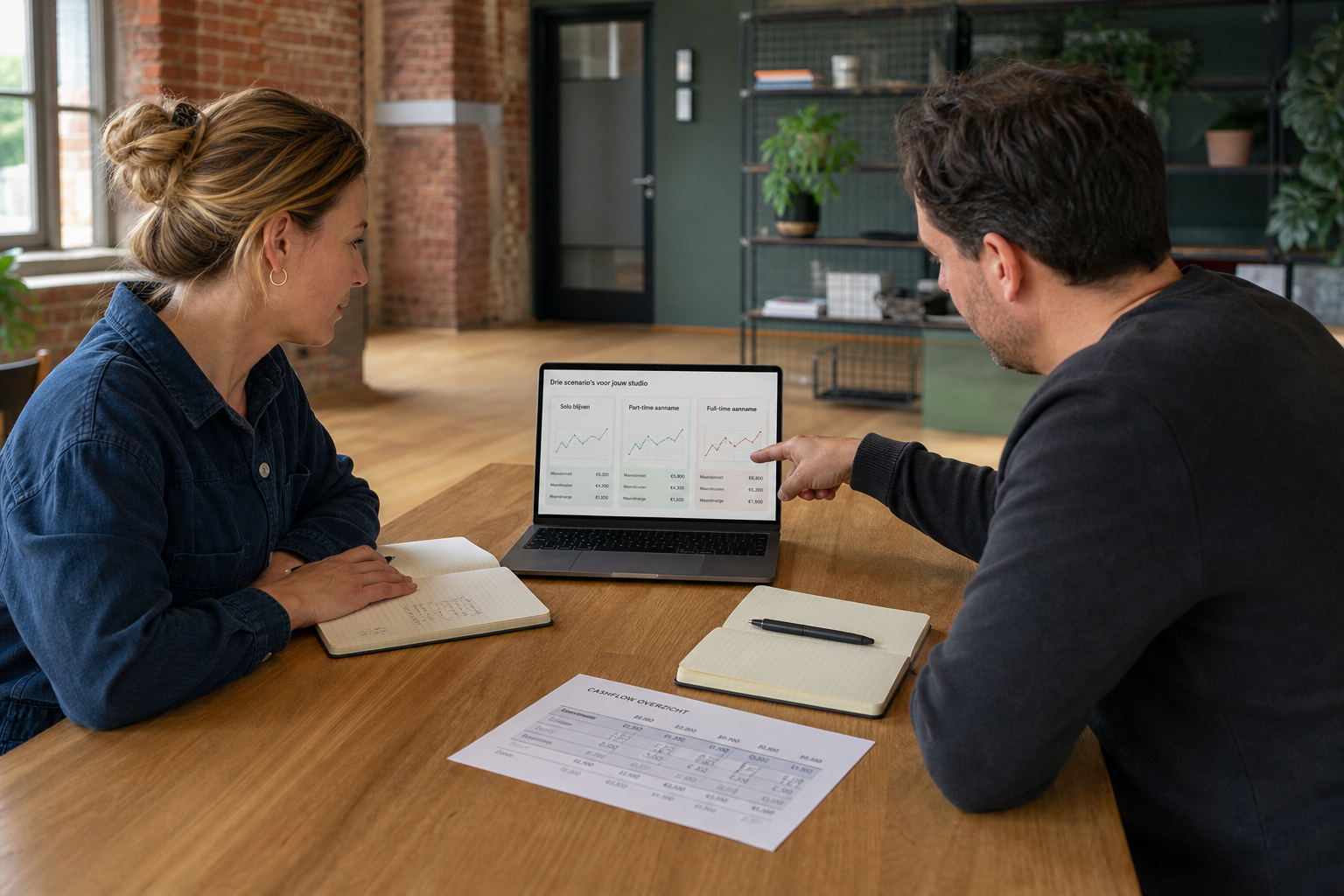 Accountant en studio-eigenaar vergelijken drie scenario's voor een nieuwe medewerker