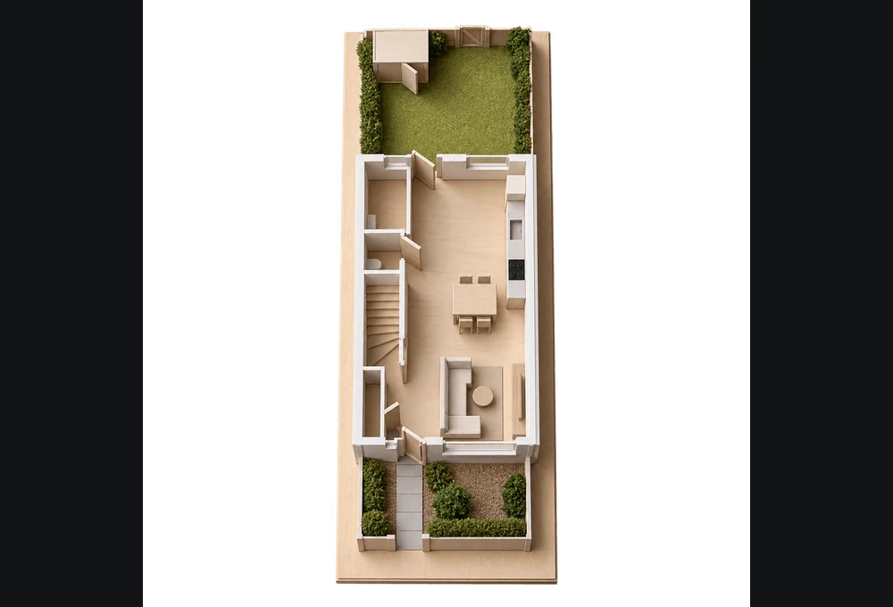 Kartonnen maquette van een woning met voor- en achterdeur