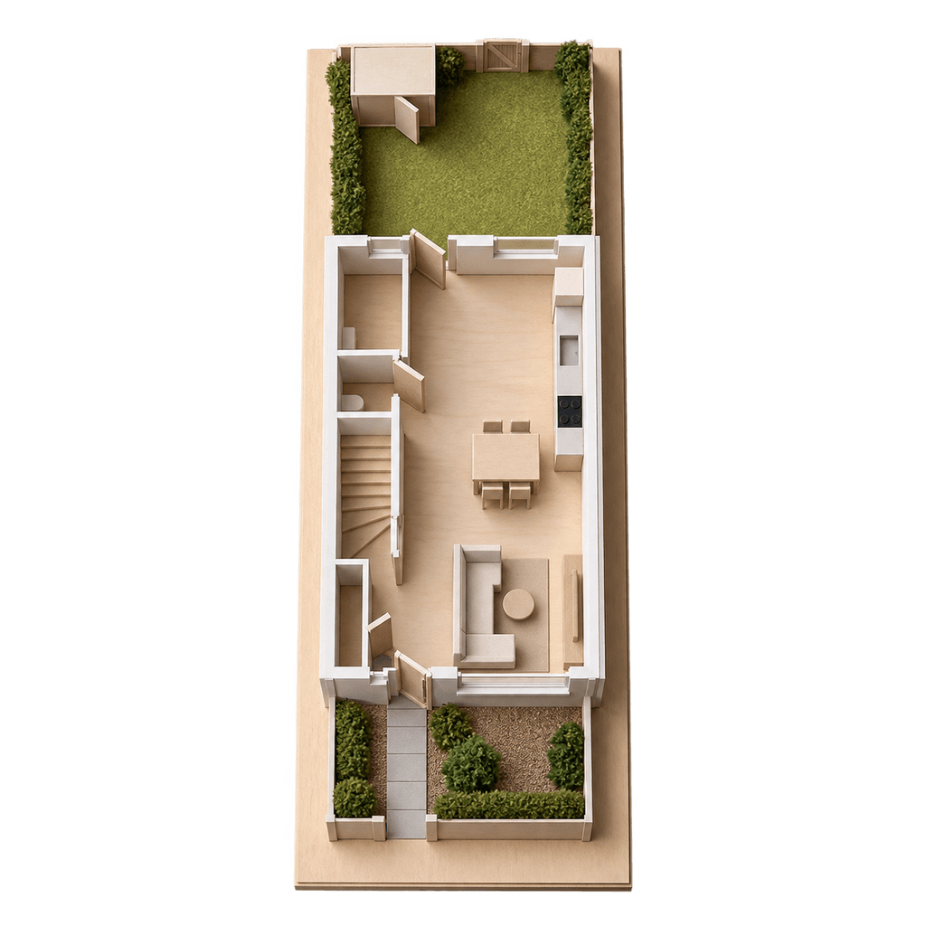Bovenaanzicht van een rijtjeswoning als kartonnen maquette