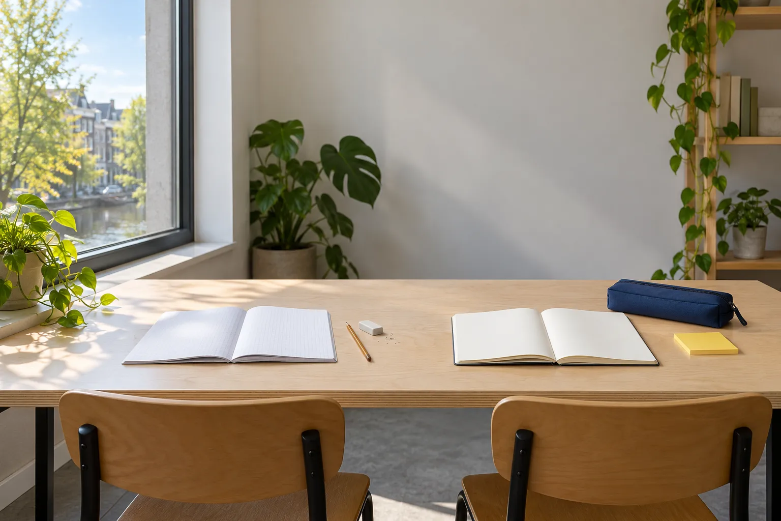 Twee werkplekken aan een lange tafel bij het raam, een met ruitjespapier en een met een open planner