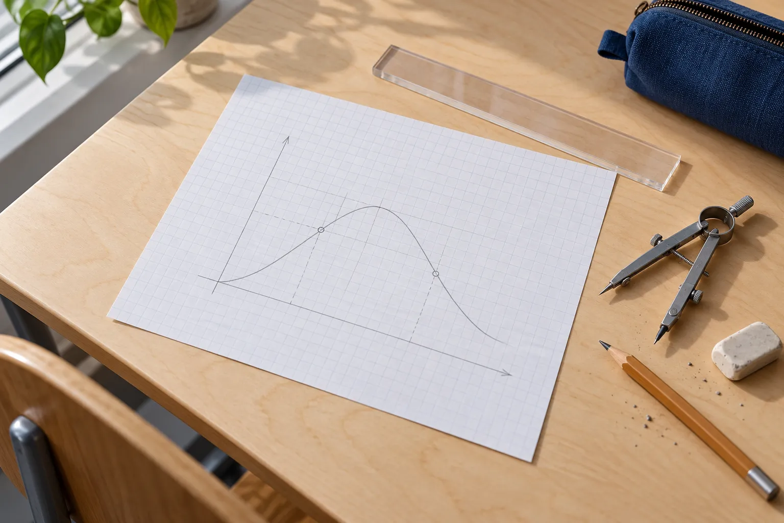 Ruitjespapier met een potloodschets van een grafiek, een liniaal zonder maatverdeling en een passer