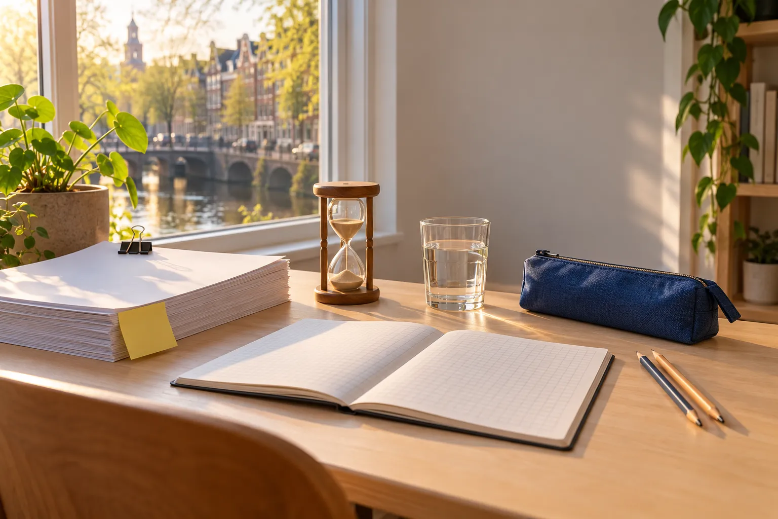 Opgeruimd bureau met een stapel blanco oefenvellen, een zandloper en een glas water