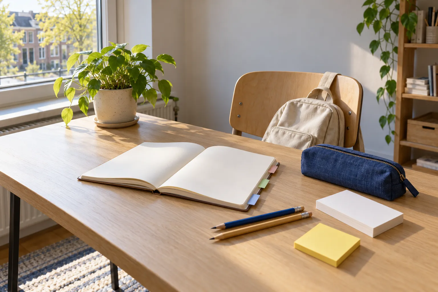 Schooltas tegen een stoel naast een open weekplanner met blanco tabbladen en een blauw etui