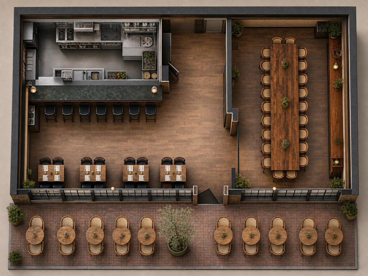 Bovenaanzicht van NOOR Bistro met open keuken, raamtafels, achterzaal en terras