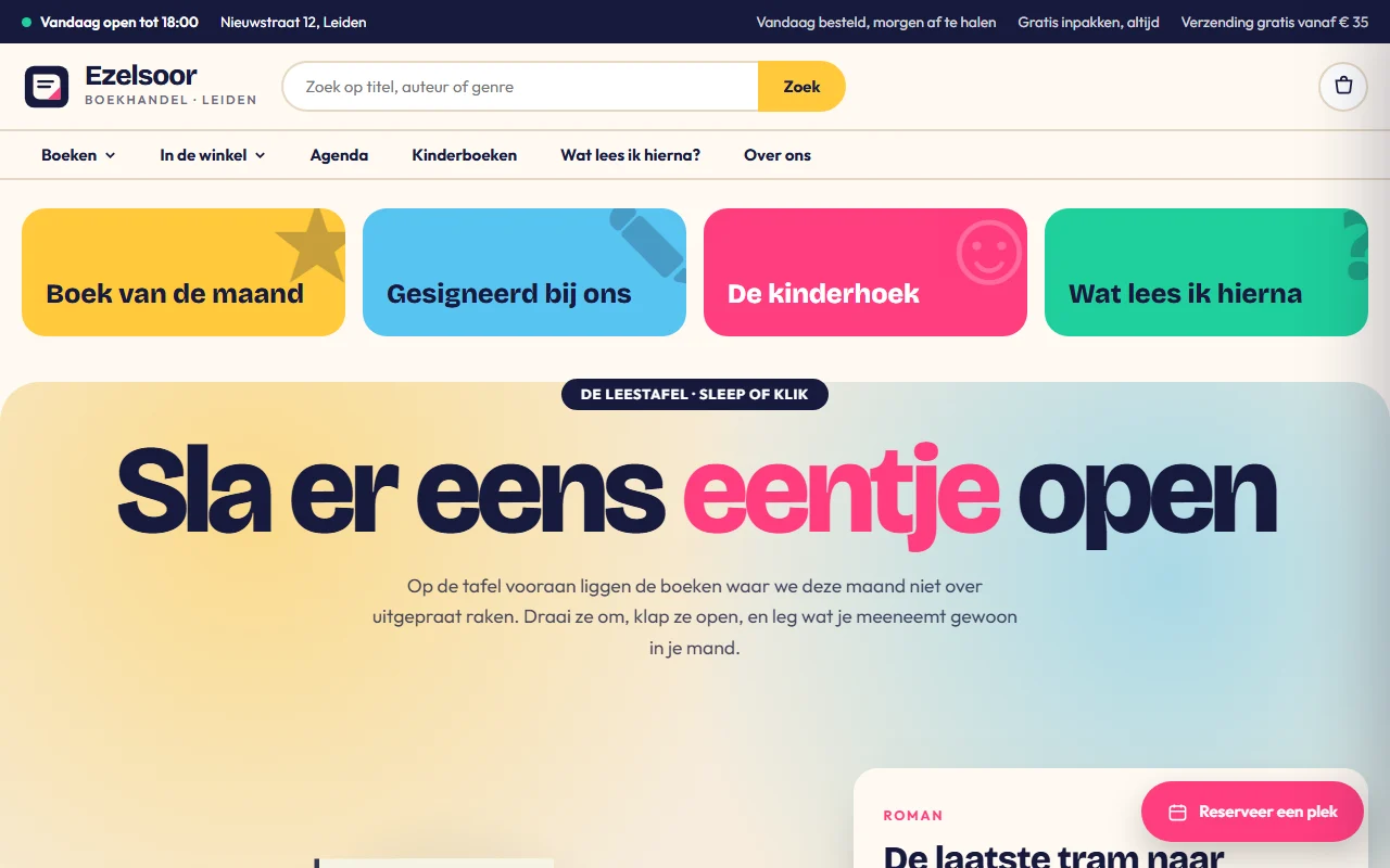 Boekhandel Ezelsoor: 3D-leestafel, winkelmand en afhalen in de winkel