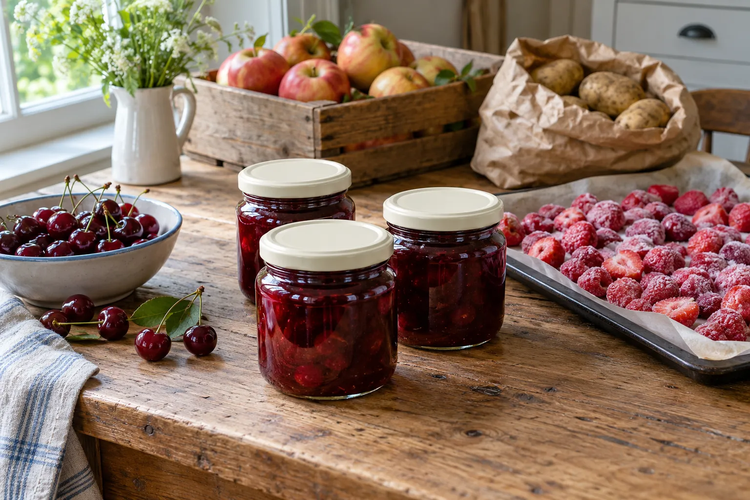 Potten kersenjam zonder etiket naast een bakplaat met bevroren aardbeien en een kist appels