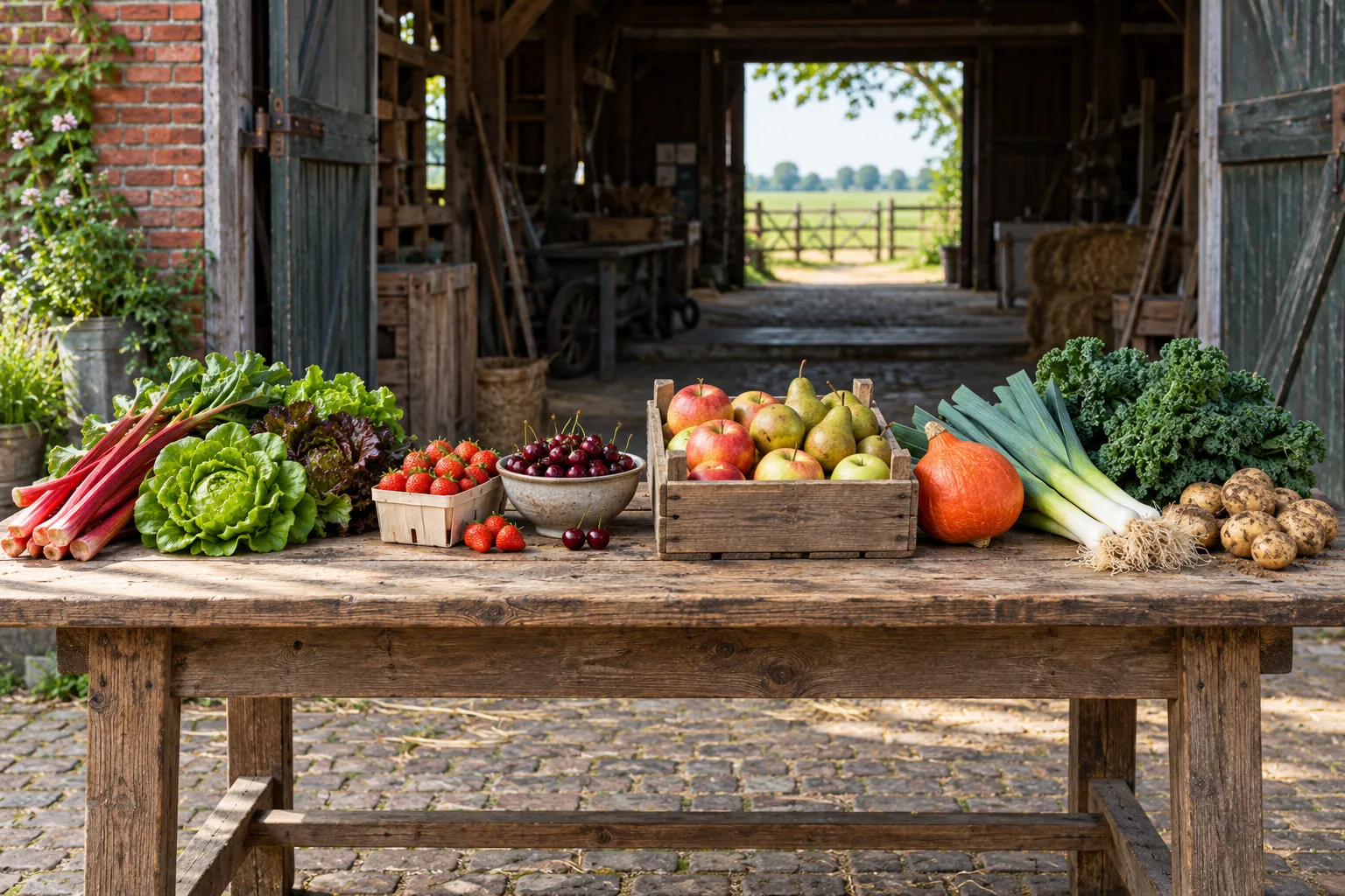 Lange eiken tafel in de open schuurdeur met groente en fruit van vier seizoenen op een rij