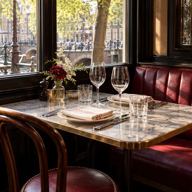 Gedekte marmeren tafel naast een raam in een klassieke brasserie