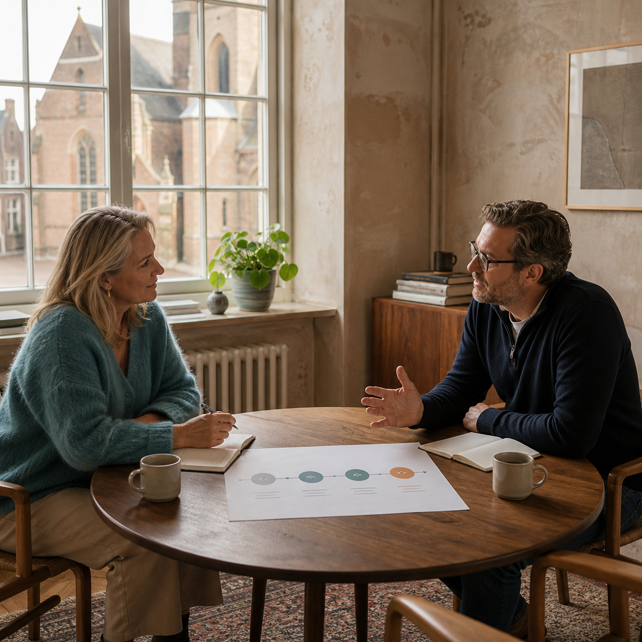 Coach en ondernemer bespreken samen een route met vier heldere stappen