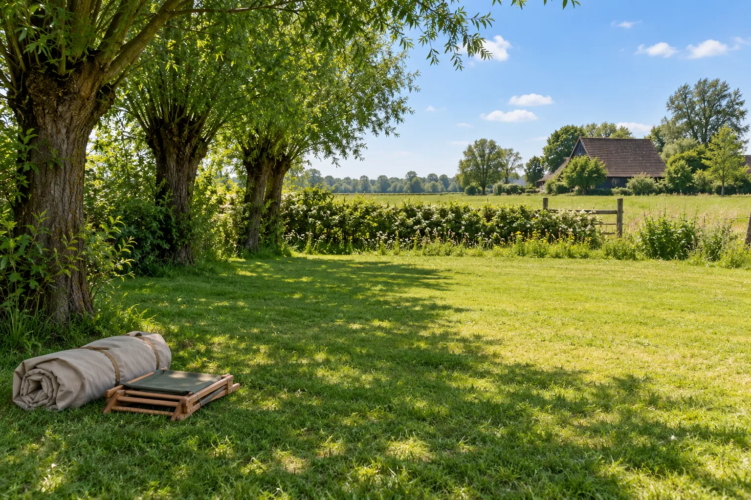 Lege grasplek onder een rij knotwilgen met een opgevouwen stoel