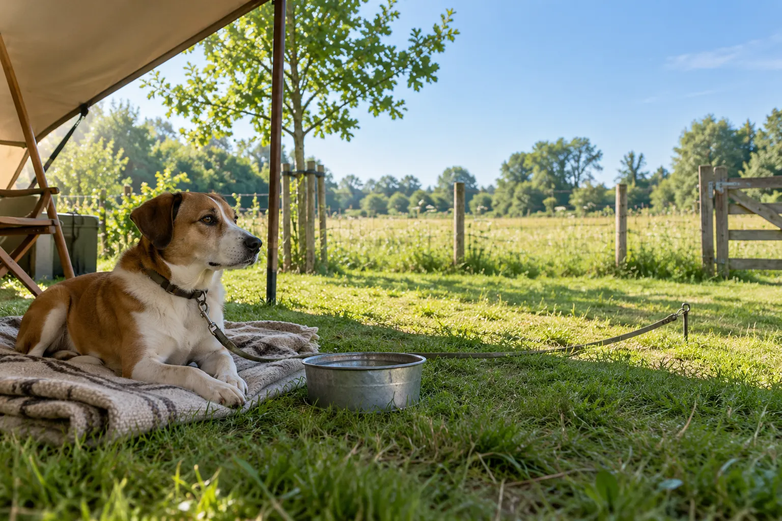 Hond ligt op een wollen deken in de schaduw van een tentluifel