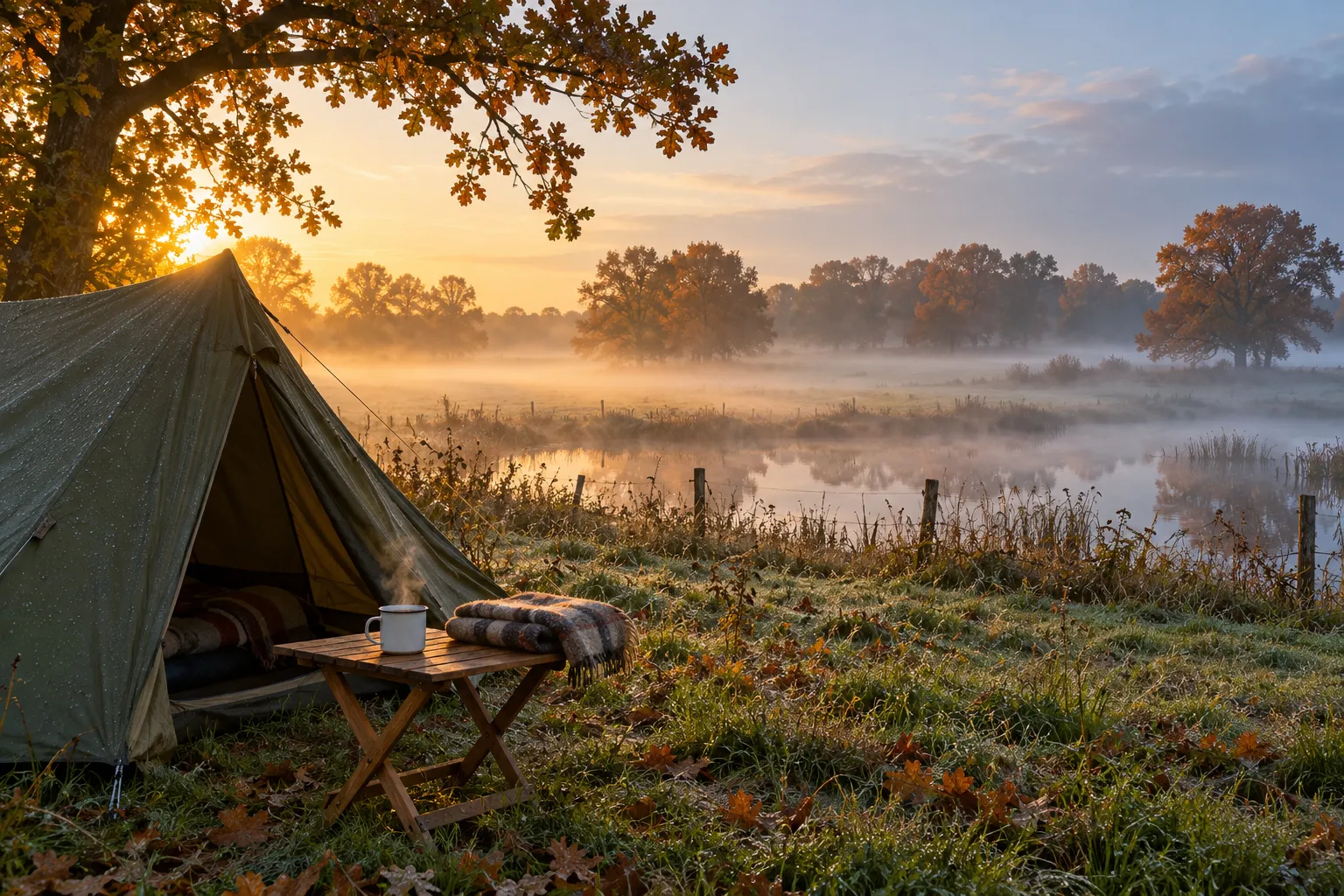 Kleine tent aan de rand van een mistig veld met een dampende mok op een tafeltje