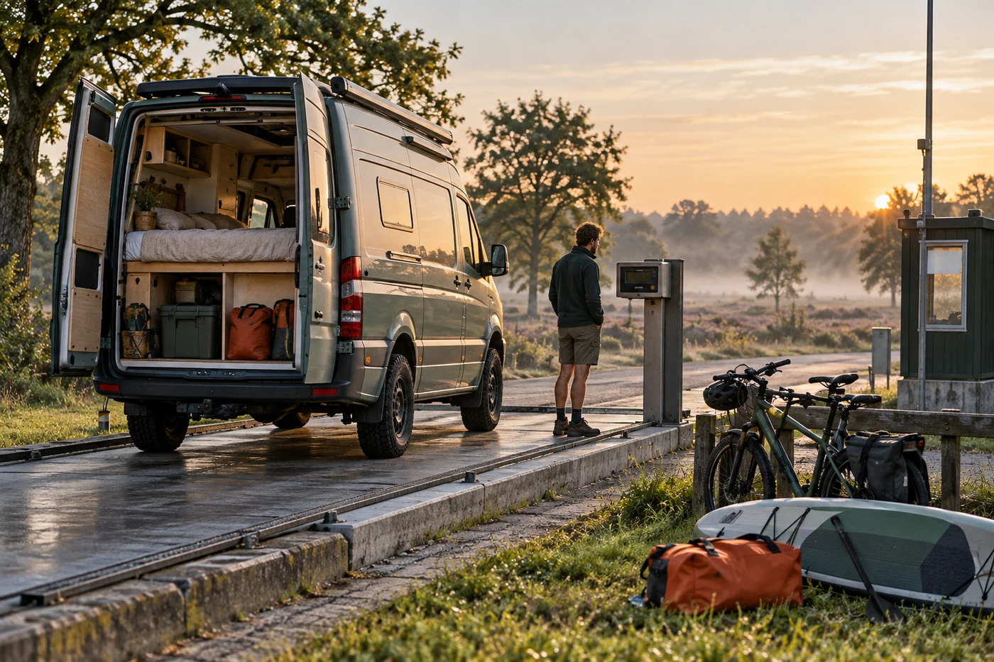 Bovenaanzicht van zorgvuldig verdeelde camperbagage