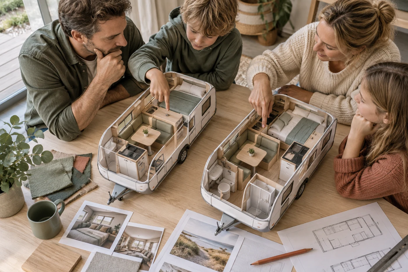 Bovenaanzicht van twee compacte camperindelingen