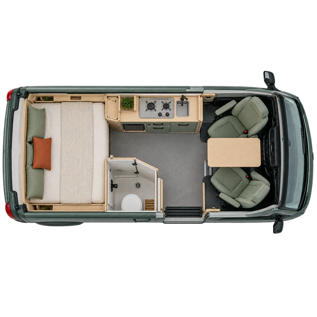 Buscamperinterieur van boven