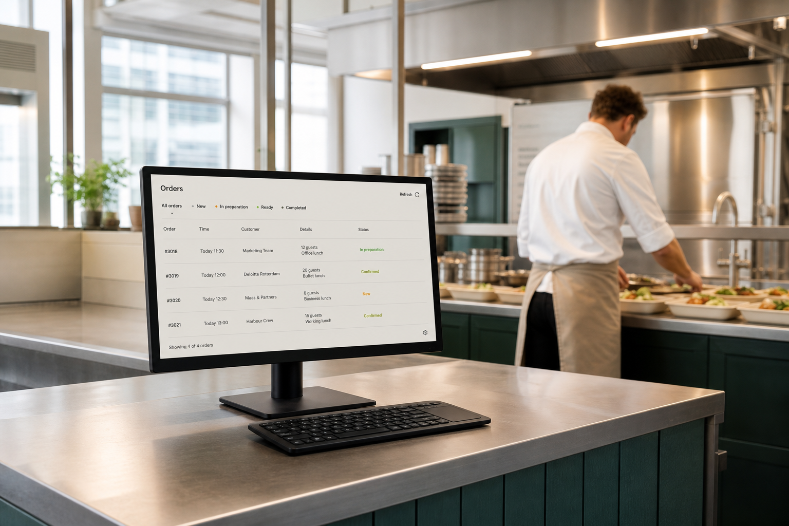 Normaal formaat ordermonitor op de werkbank van een actieve cateringkeuken