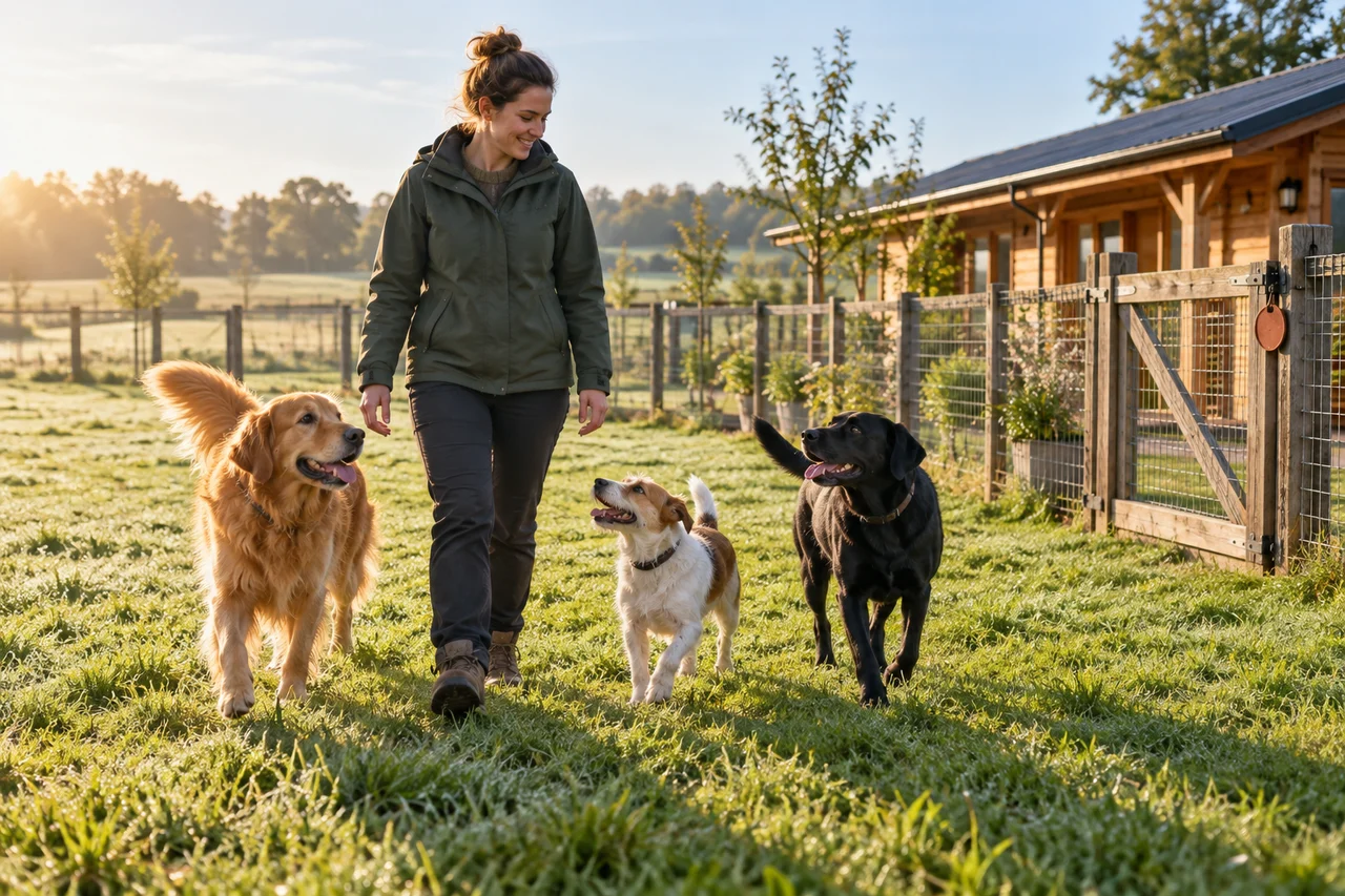 Verzorger loopt met drie honden door een omheinde wei