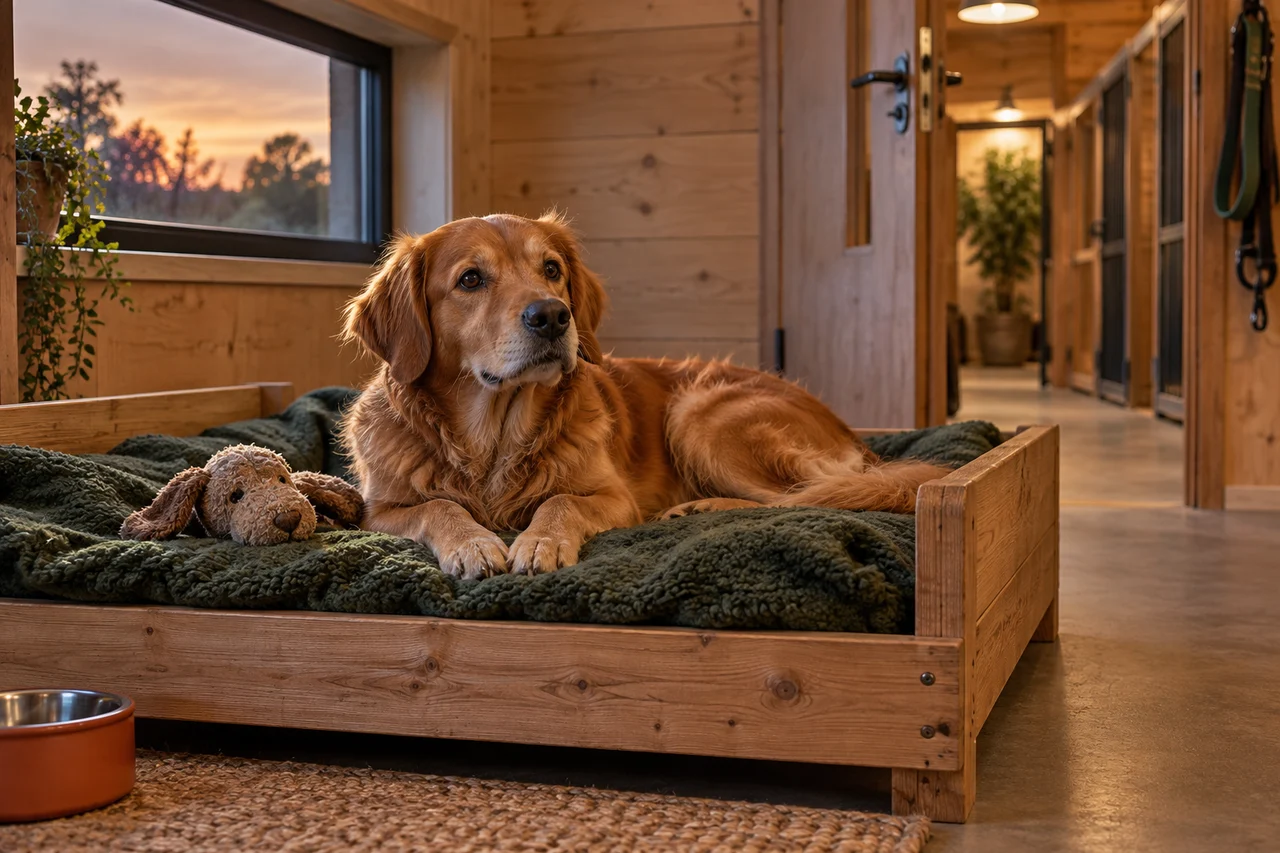 Hond rust op een vertrouwde deken in een houten kamer