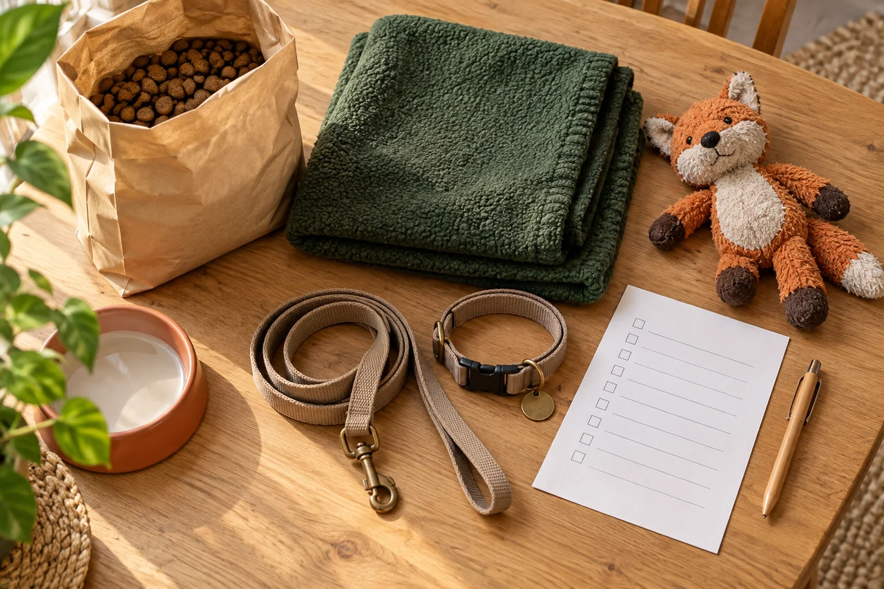 Eigen voer, deken, lijn en knuffel liggen klaar