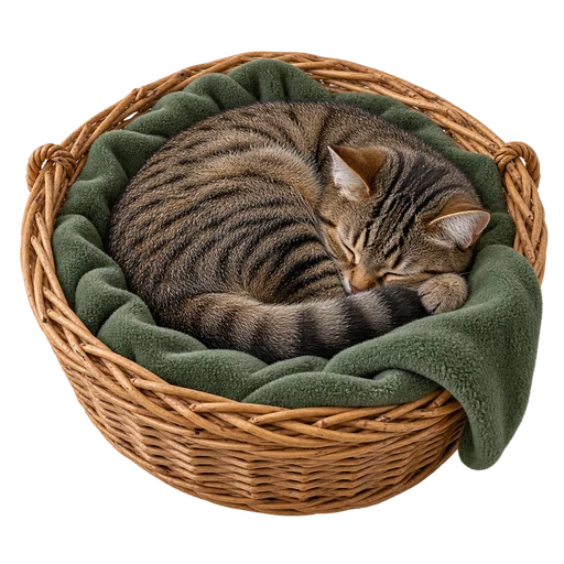 Slapende kat in een wilgenmand