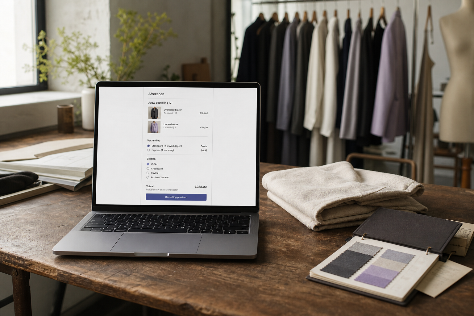 Fashioncheckout op een laptop van normaal formaat in een echt kledingatelier
