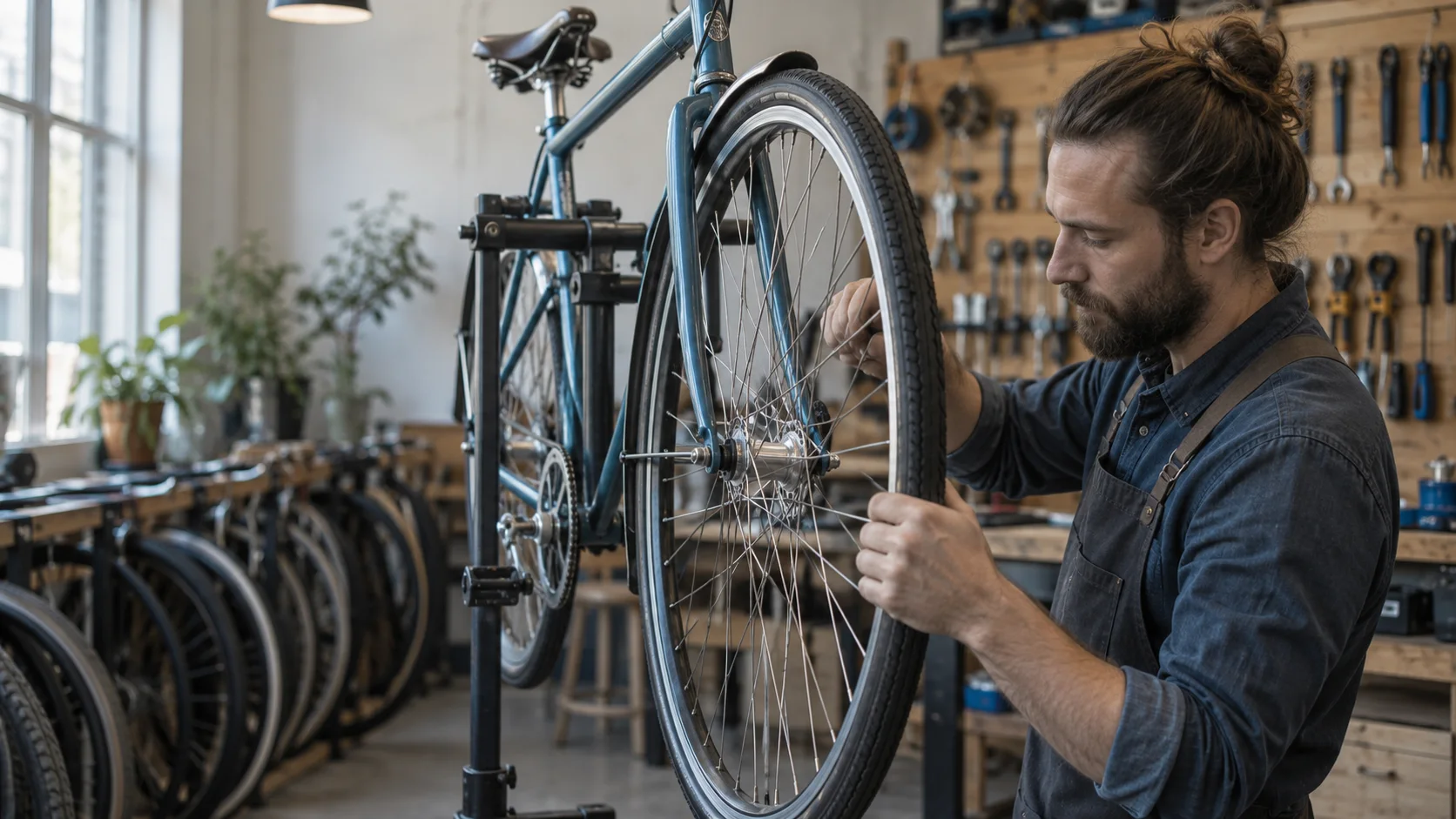 Fietsenmaker stelt een fiets zorgvuldig af