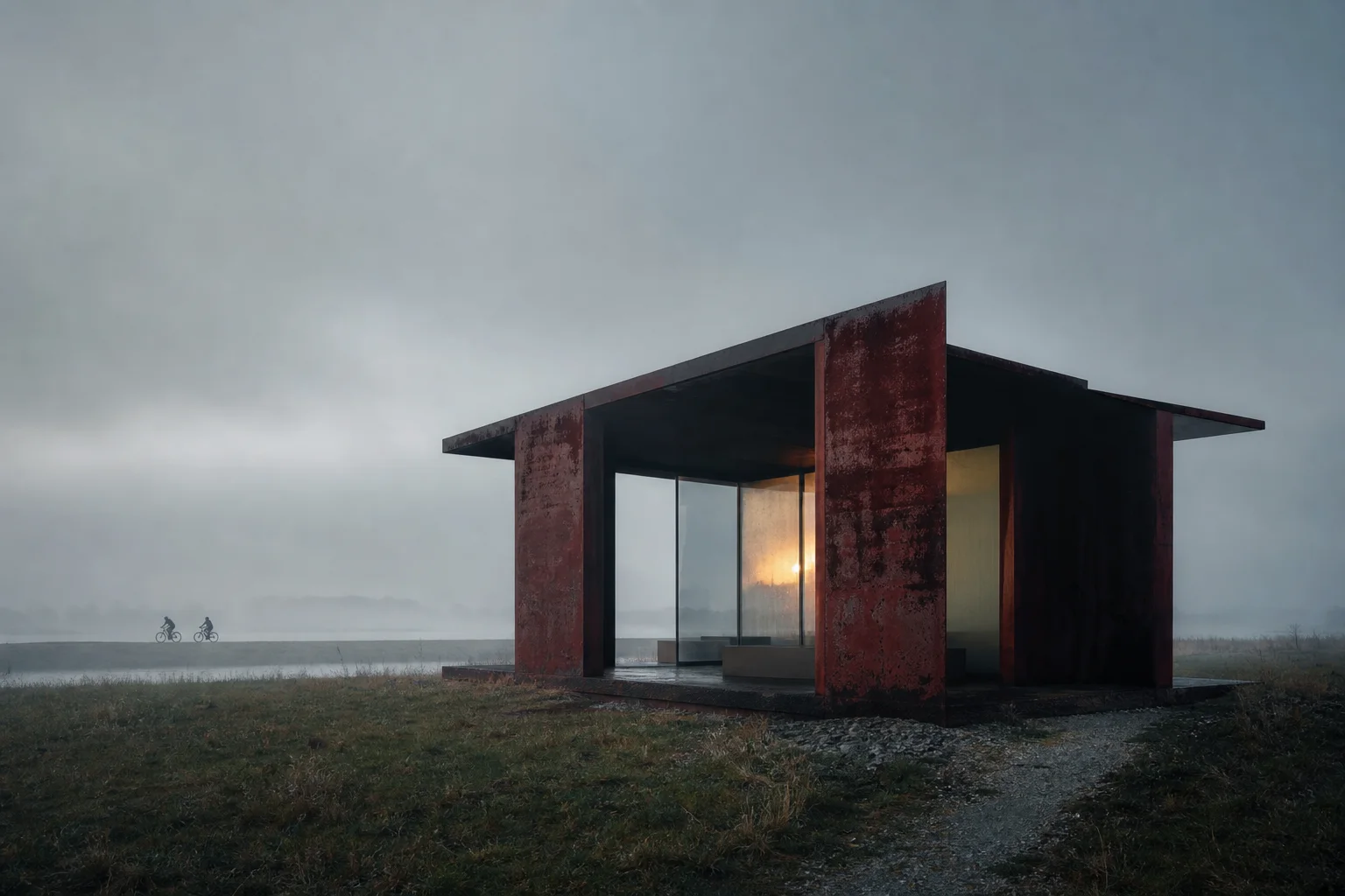 Roodstalen paviljoen in een mistig Nederlands landschap