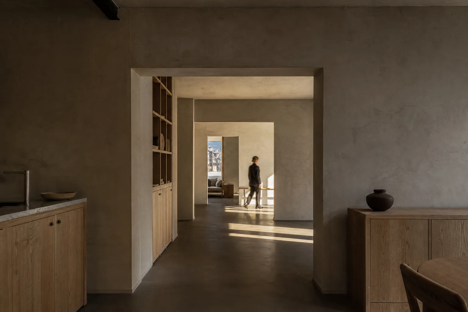 Warm minimalistisch interieur met een persoon in het zonlicht
