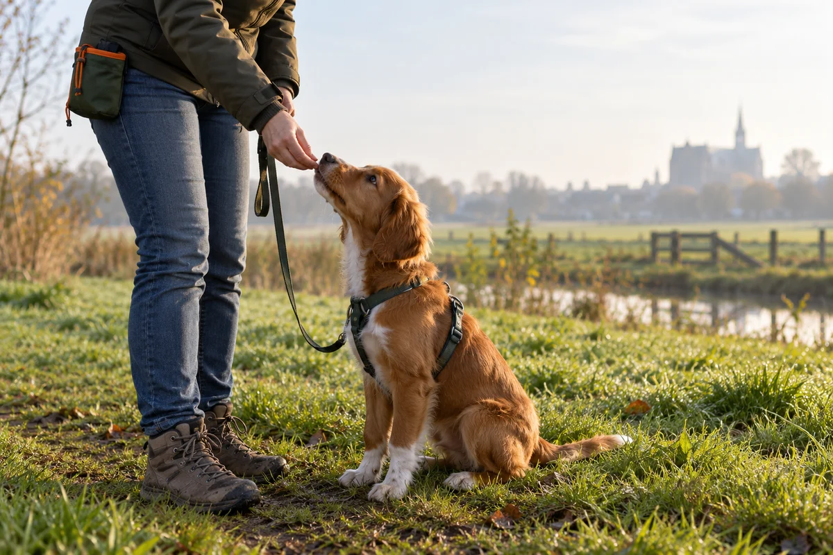 Hond krijgt rustig een beloning na een oefening