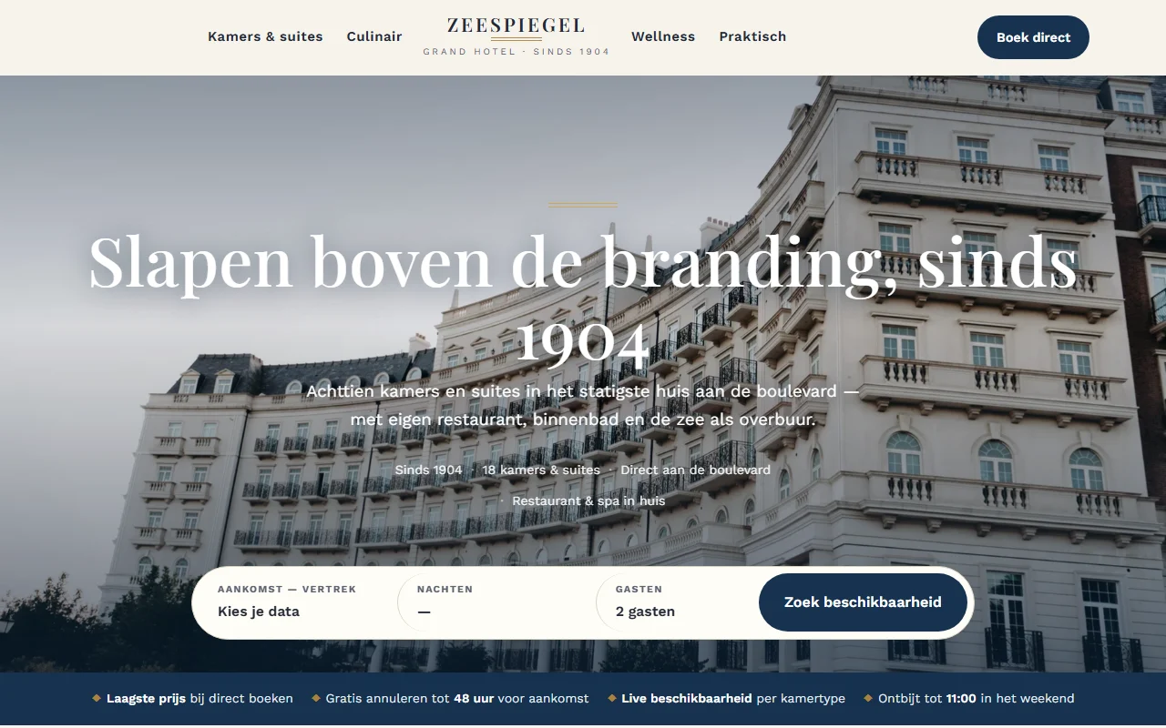 Grand Hotel Zeespiegel: Airbnb-achtige boekingsmodule op het echte reserveringssysteem, met live voorraad per kamertype