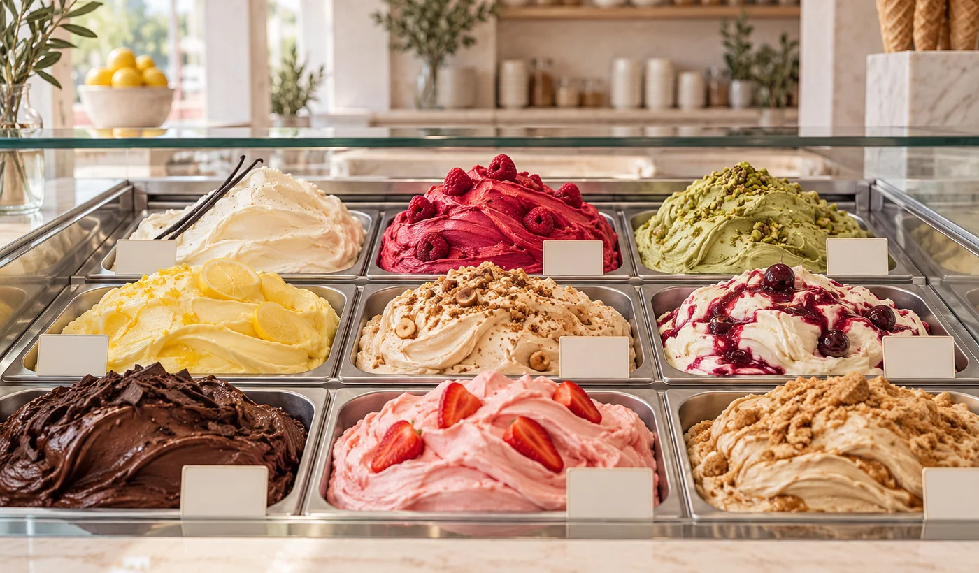 Negen smaken ambachtelijk ijs in een lichte vitrine