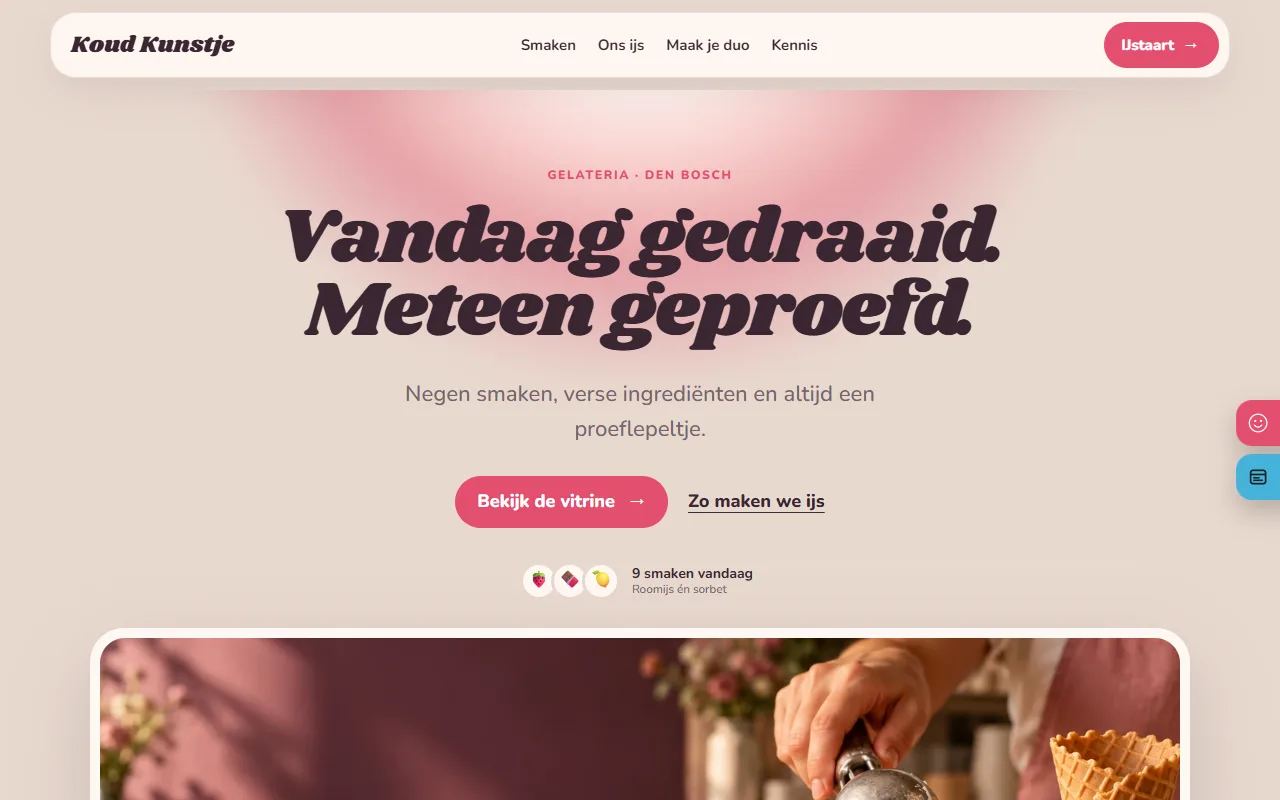 Example website for a ice cream shop: Koud Kunstje