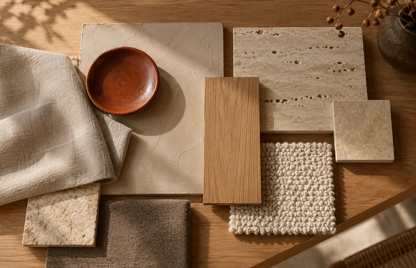 Materiaalstalen op een eiken tafel