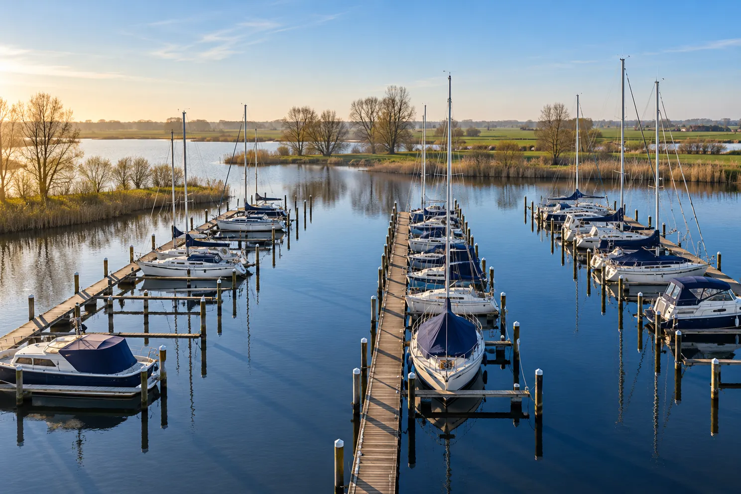 Steigers met boxen in het vroege voorjaar van bovenaf gezien, een paar boxen nog leeg