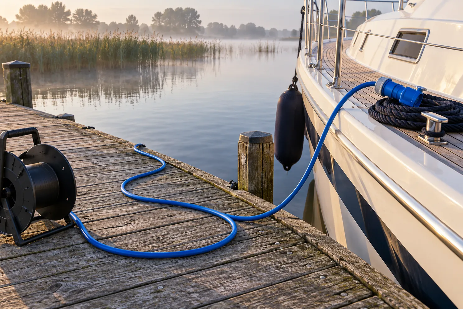Blauwe walstroomkabel in een losse lus op de steiger naast een lege haspel