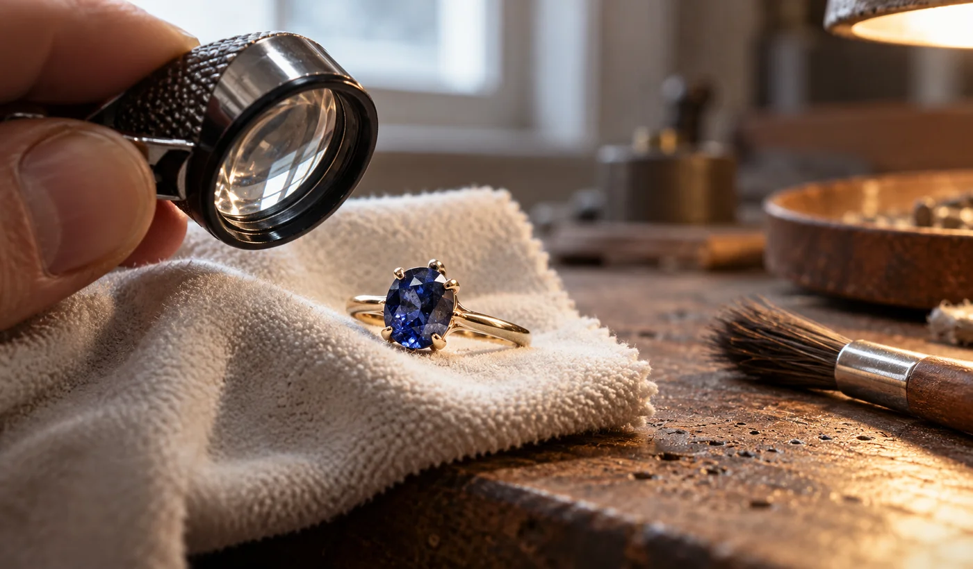 Saffierring met loep en zachte poetsdoek