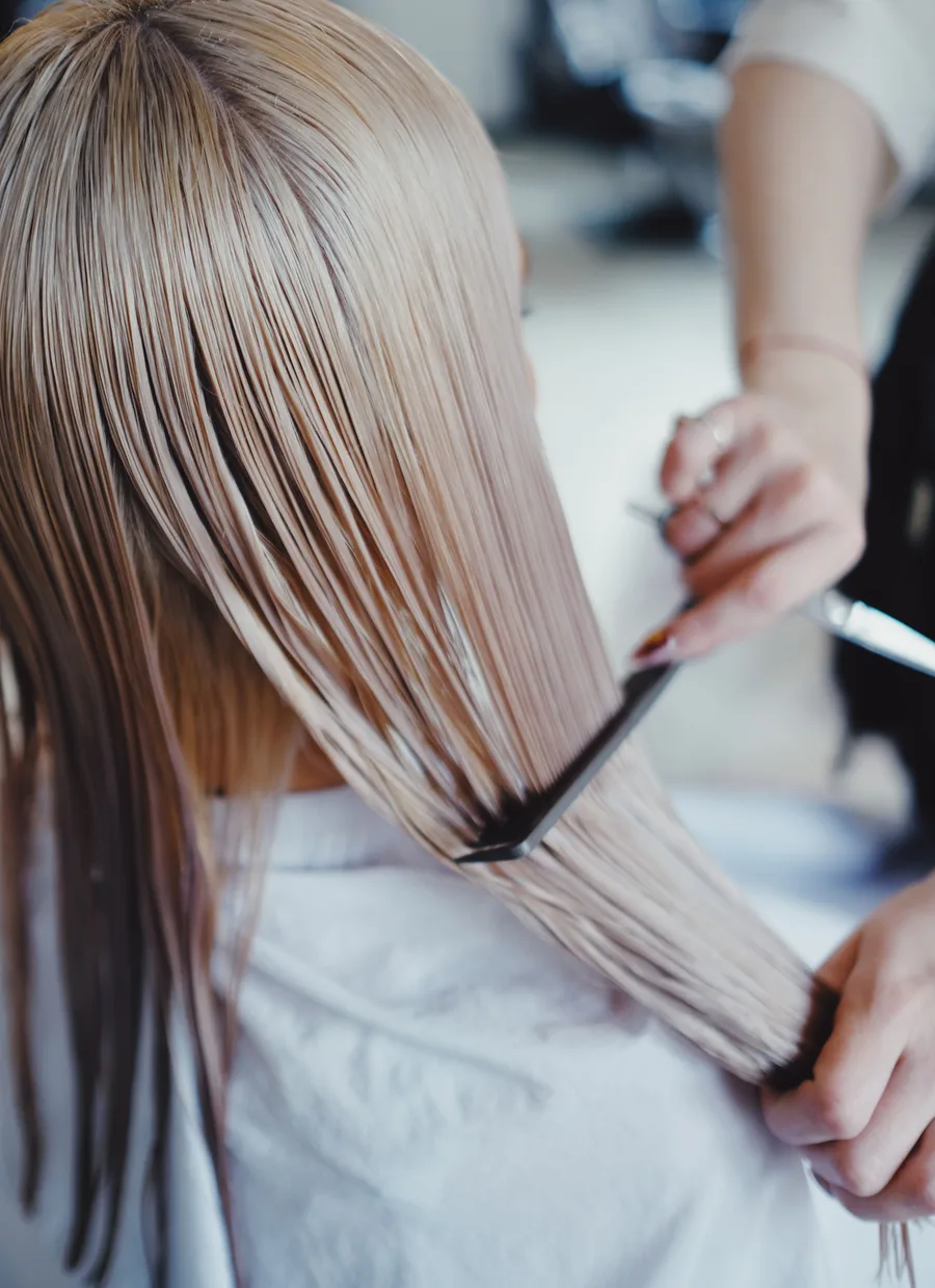Stylist kamt vochtig haar zorgvuldig door