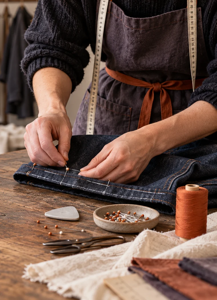 Handen die kleding zorgvuldig afspelden