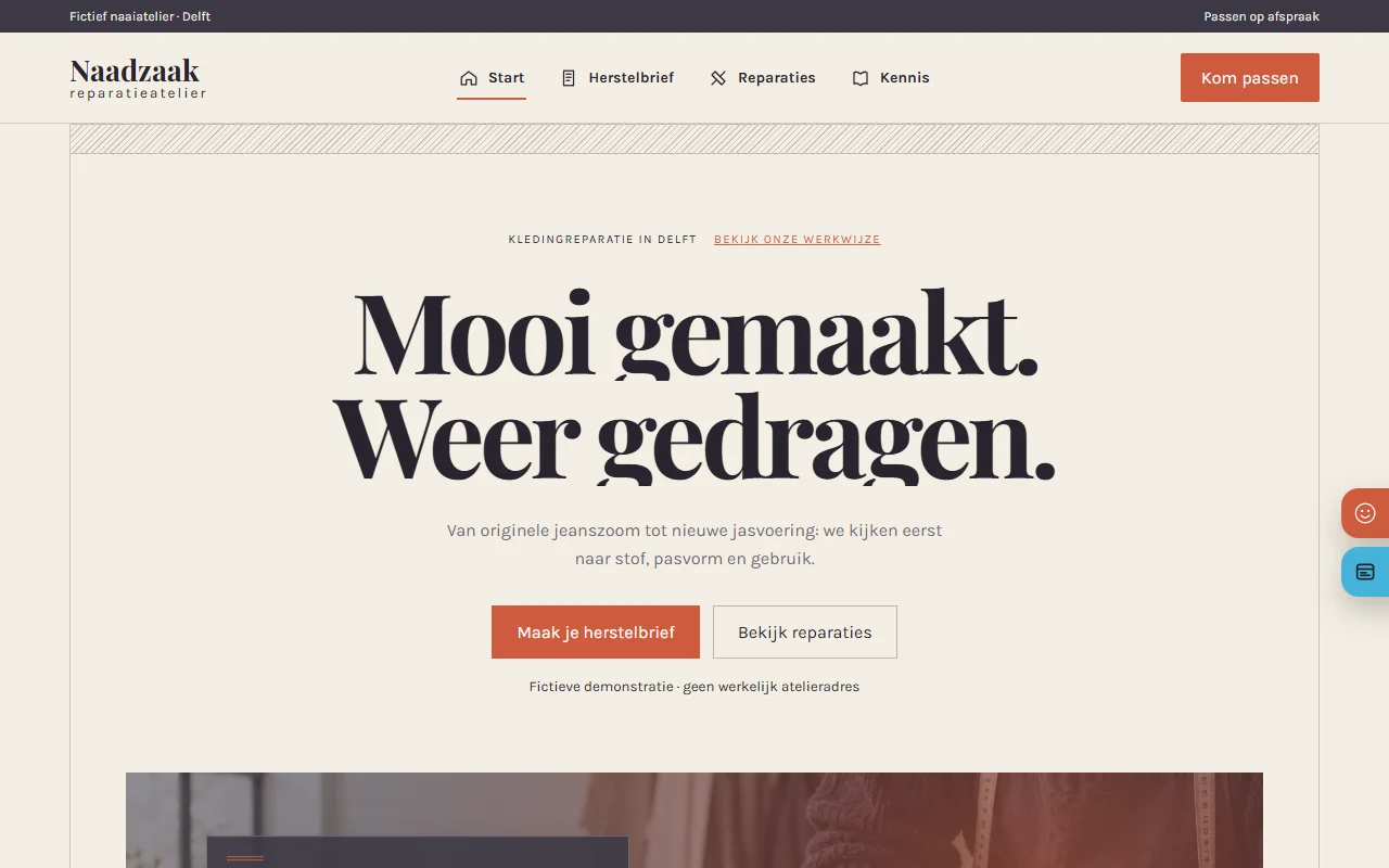 Example website Naadzaak for a clothing repair shop