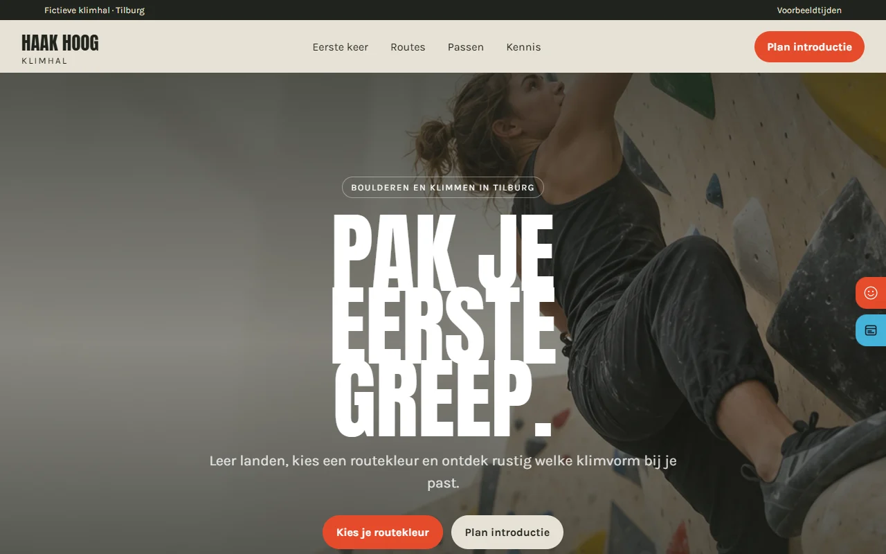 Example website Haak Hoog for a klimhal