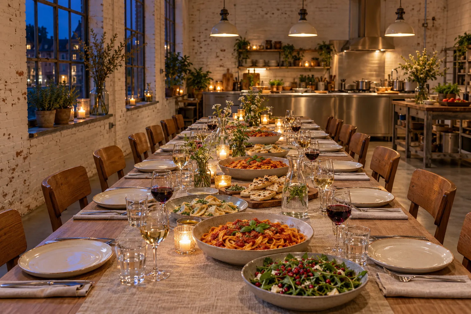 Lange gedekte tafel met gedeelde schalen pasta en salade in warm avondlicht